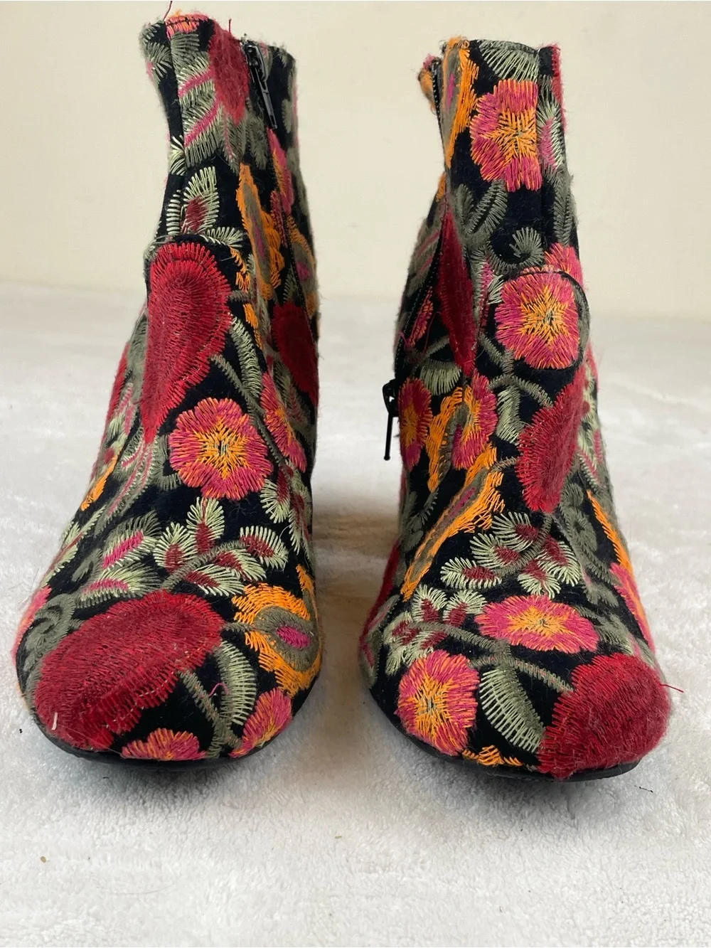 MIA Black Embroidered Floral Ankle Boots with Red & Orange Accents